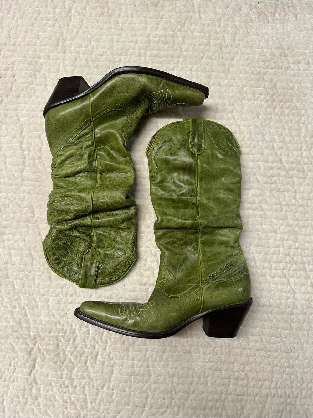 Green Leather Steve Madden Spur Slouchy Western Cowboy Boots